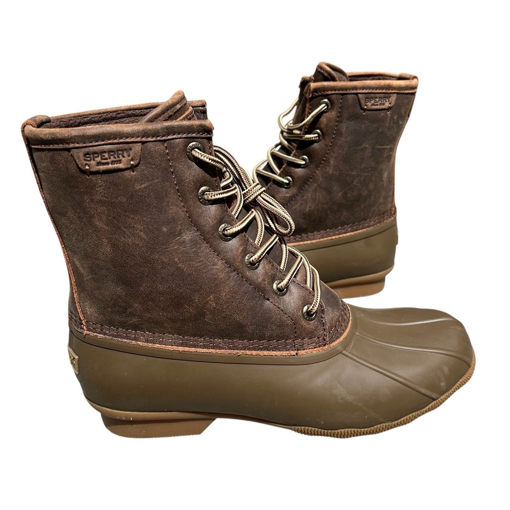 Sperry Duck Boots Mens 9 Brown Leather Rubber Rain Waterproof Lace EUC STS23705